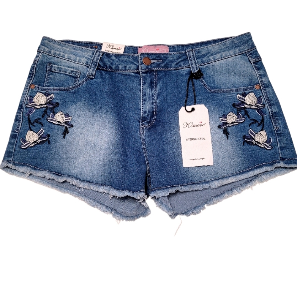 Y2K Embroidered Denim Cutoff Shorts Mid Rise Raw Hem Festival Jean 11